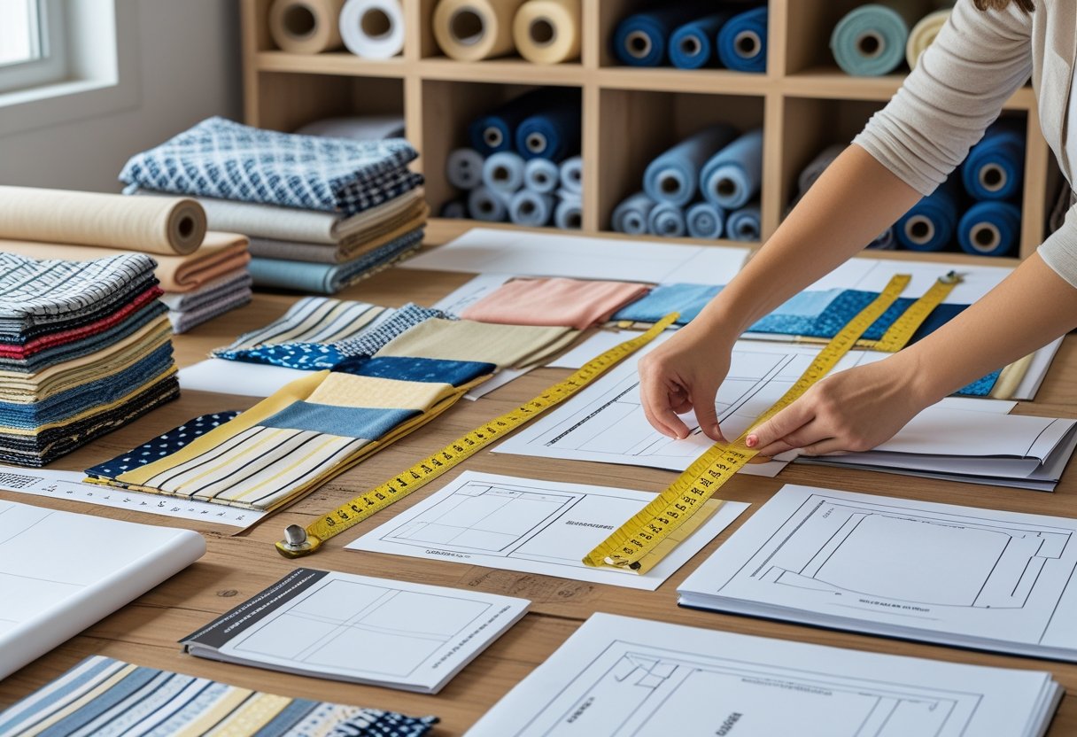 Hands arranging fabric swatches and sewing patterns on a table with sewing tools and fabric rolls in the background.