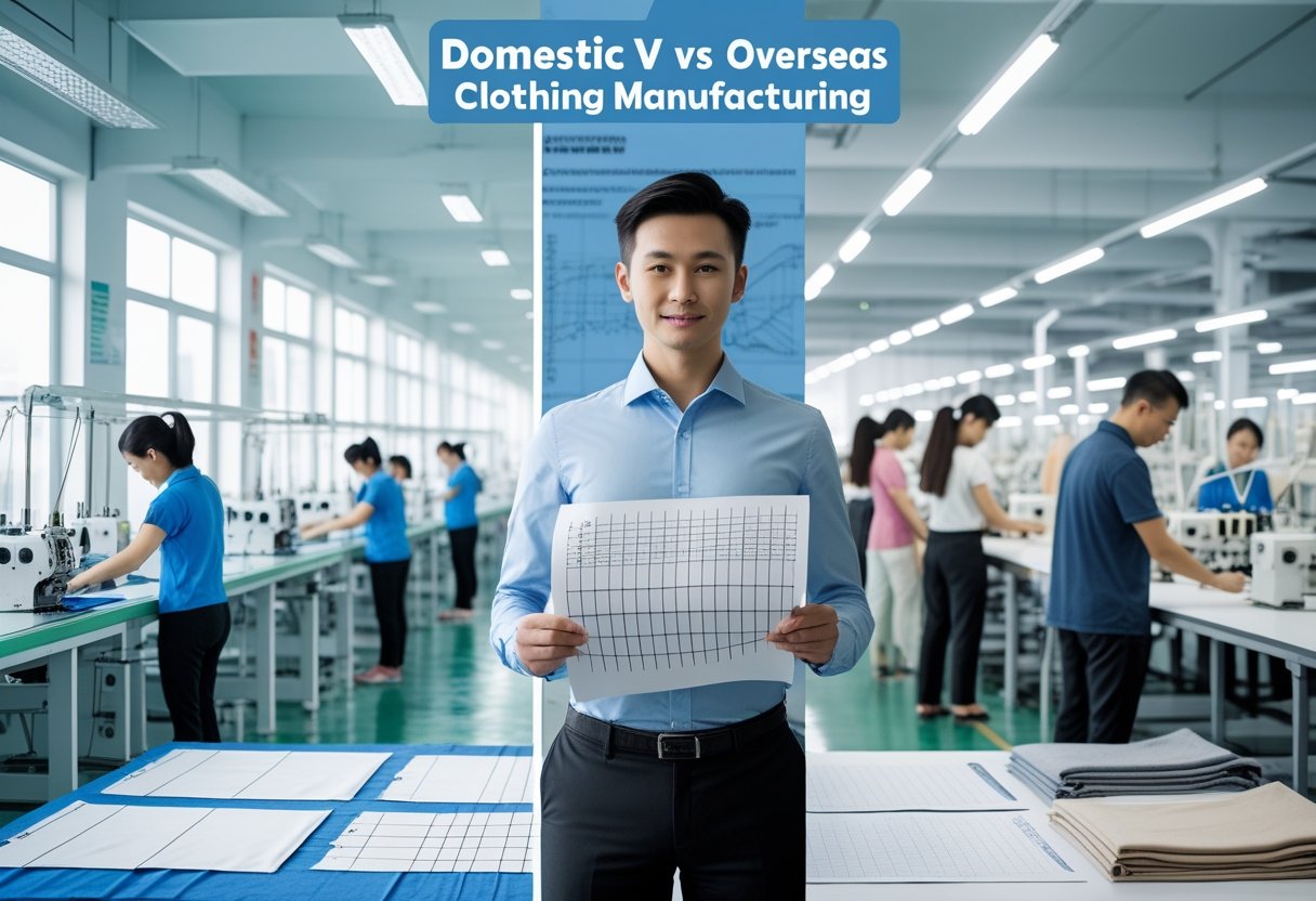 A person reviewing fabric samples and production plans between two clothing factories, one domestic and one overseas, with workers sewing and inspecting garments in each factory.
