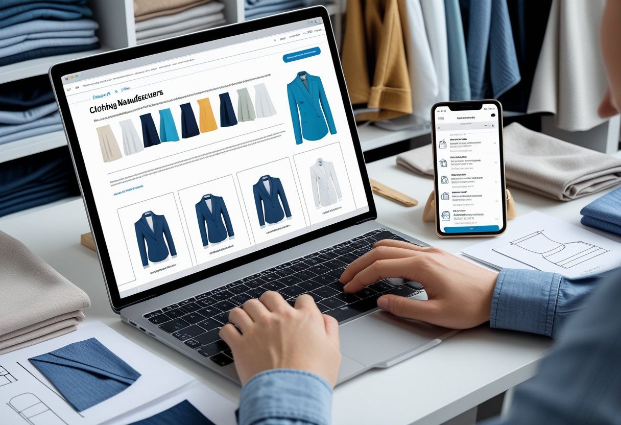 A person typing on a laptop surrounded by fabric swatches, clothing sketches, and a smartphone in a workspace with folded garments and sewing tools.