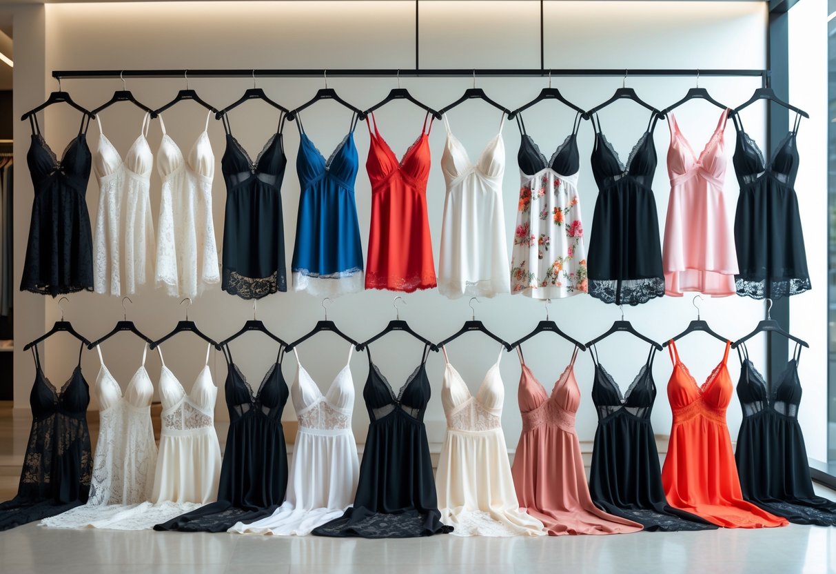 A display of 25 different types of chemise lingerie arranged on mannequins and hangers in a boutique setting.