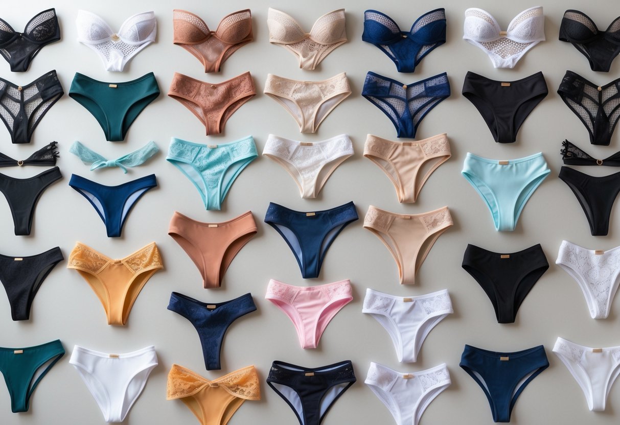 A flat lay of 25 different bikini panties arranged neatly on a plain background.