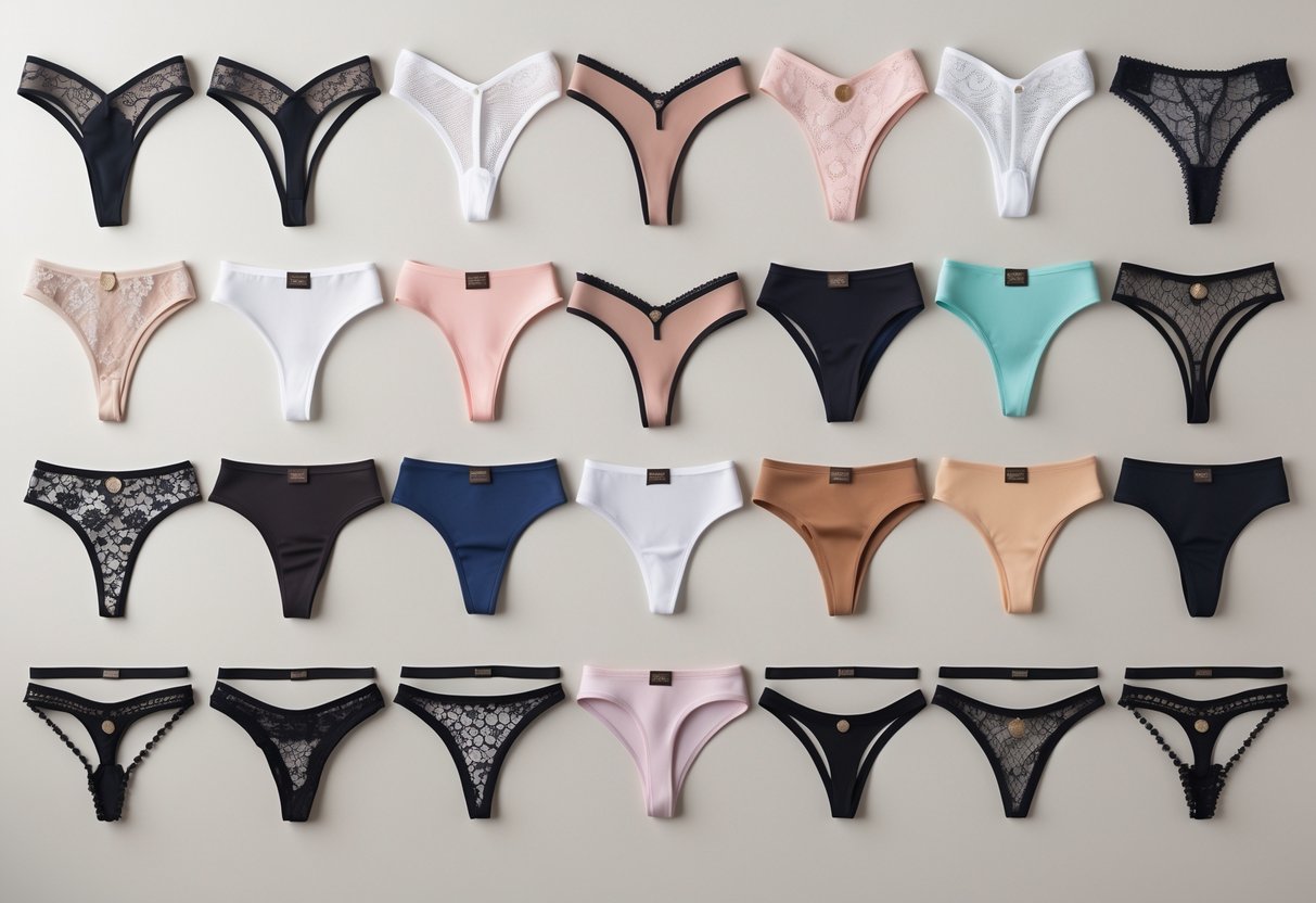 A collection of 25 different thong lingerie pieces arranged neatly on a neutral background.