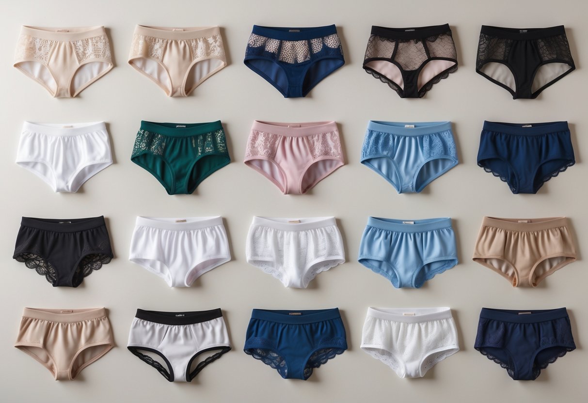 A collection of various boyshort lingerie pieces arranged neatly on a plain background.