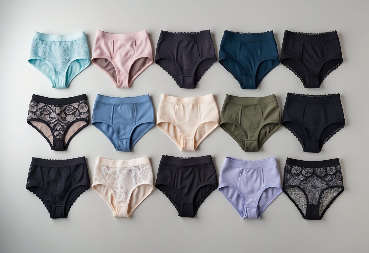 A neatly arranged collection of 25 different high-waist panties in various styles and colors on a plain background.