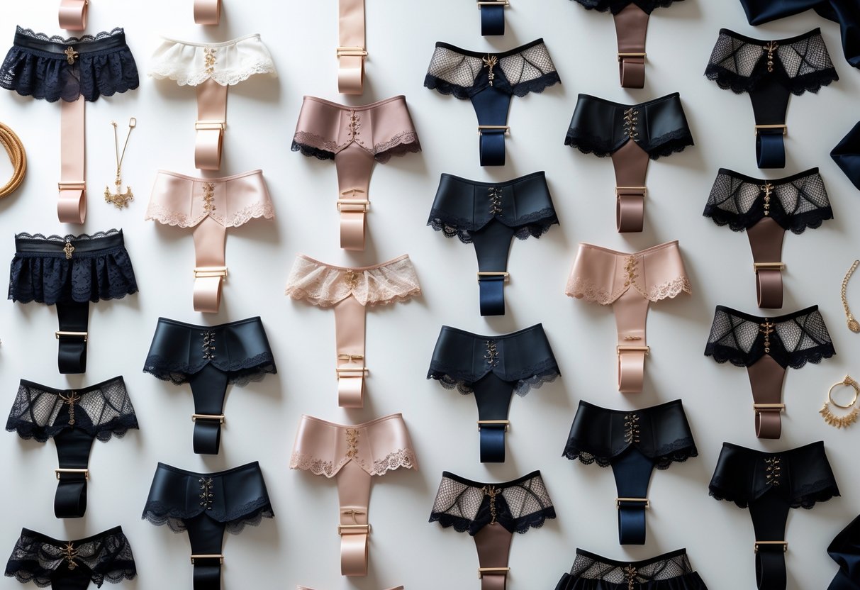 A flat lay of 25 different garter belts and lingerie pieces arranged neatly on a neutral background.