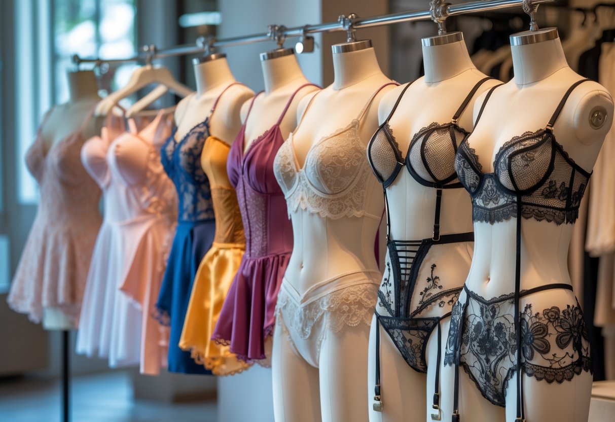 A display of 25 different types of basque lingerie on mannequins and hangers in a boutique setting.