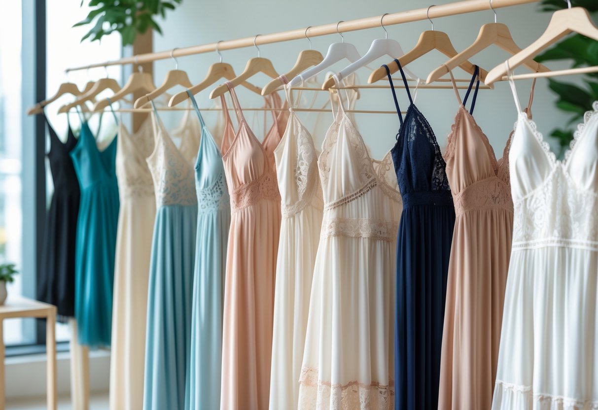 A display of 25 different slip dresses on mannequins and hangers in a bright boutique setting.