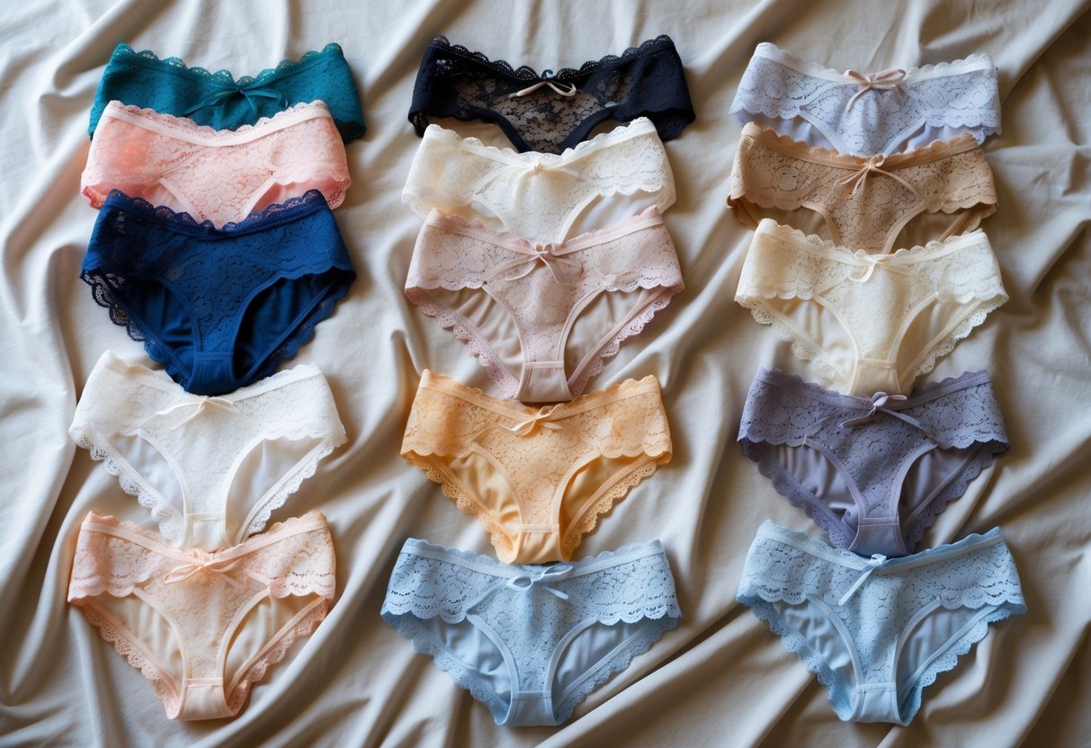 A collection of 25 lace briefs lingerie pieces arranged neatly on a soft fabric background.