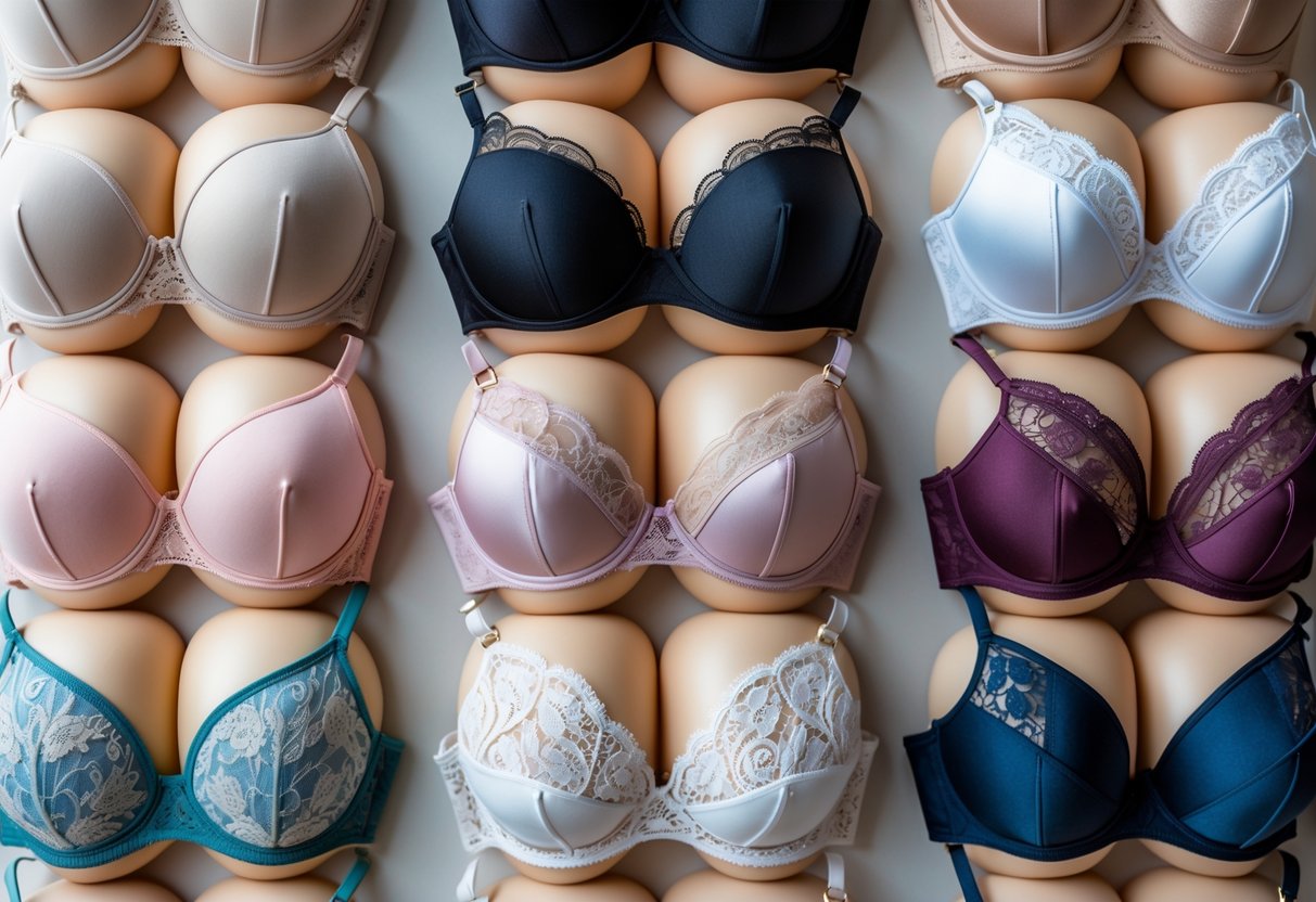 A collection of 25 different push-up bras arranged neatly on a neutral background.