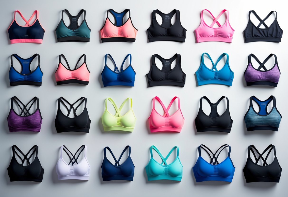 A collection of 25 different sports bras arranged neatly on a plain background.