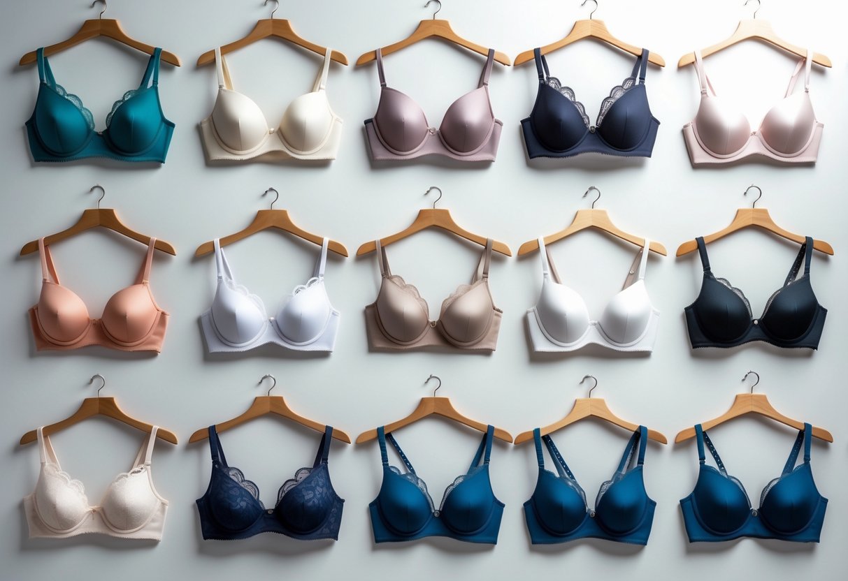A collection of 25 different plunge bras displayed on mannequins and hangers against a neutral background.