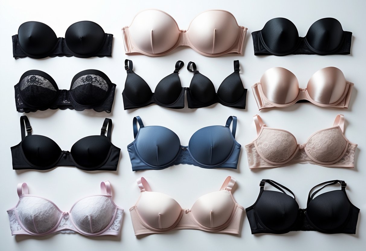 A collection of 25 different strapless bras displayed on a white background, showing various styles and colors.
