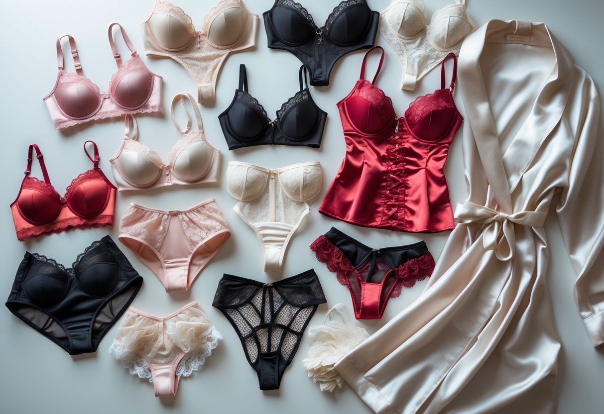 A collection of various lingerie pieces displayed next to a satin robe on a neutral background.