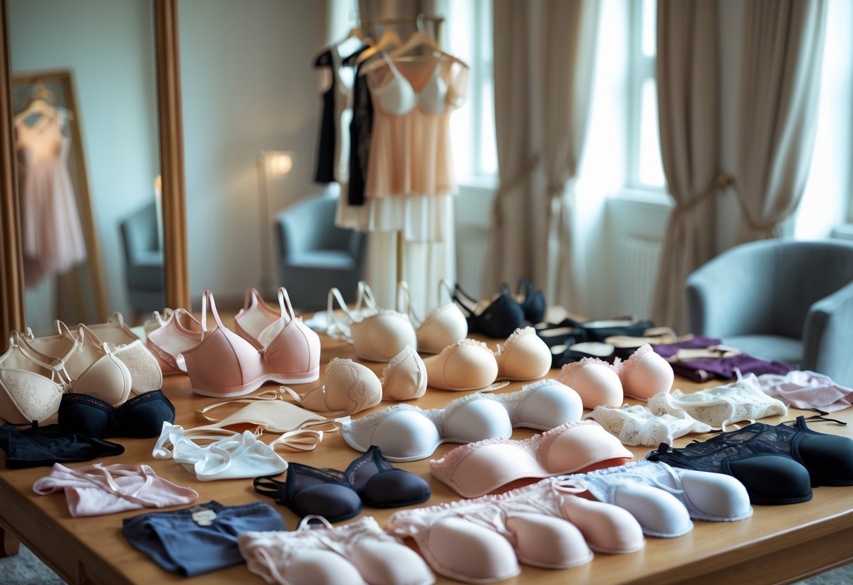 Various types of lingerie neatly arranged on a wooden table with a blurred dressing room in the background.
