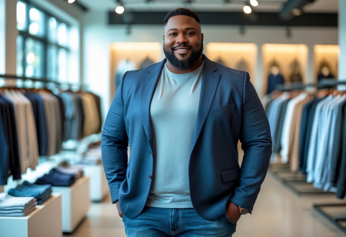 A confident plus-size man standing in a modern clothing store with racks of men's clothes in the background.