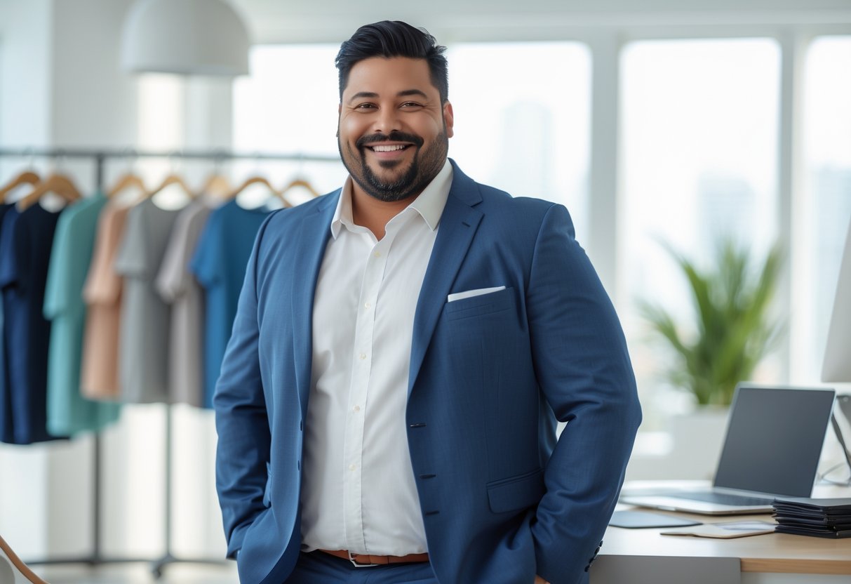 A confident plus-size man in business casual clothing stands in a bright office with clothing racks and a laptop nearby.
