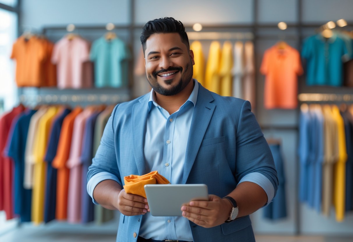 A plus-size man standing in a clothing store holding fabric samples and a tablet, surrounded by racks of men's clothing.
