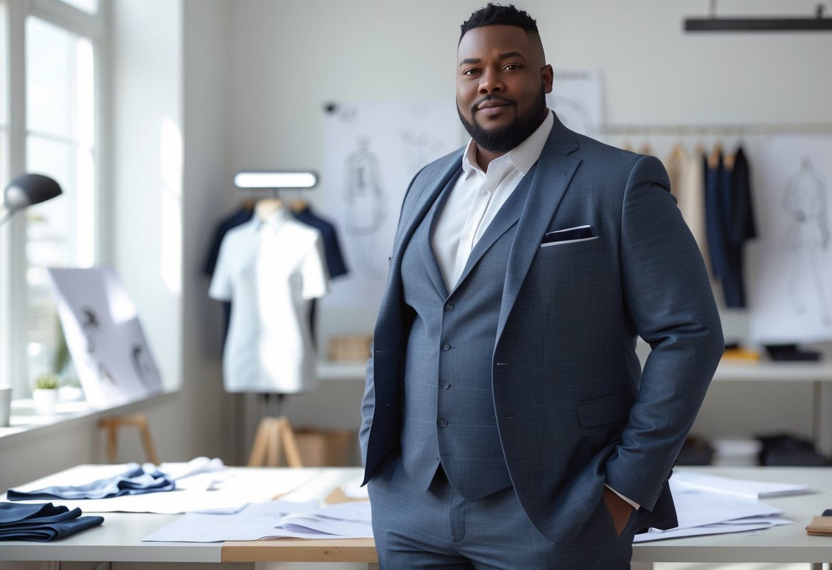 A confident plus-size man standing in a modern workspace with design sketches and fabric samples in the background.