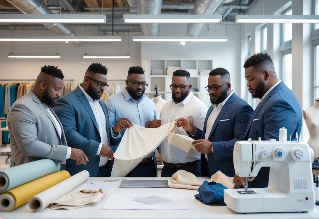 A group of plus-size men working together in a clothing production workshop, examining fabrics and designs.