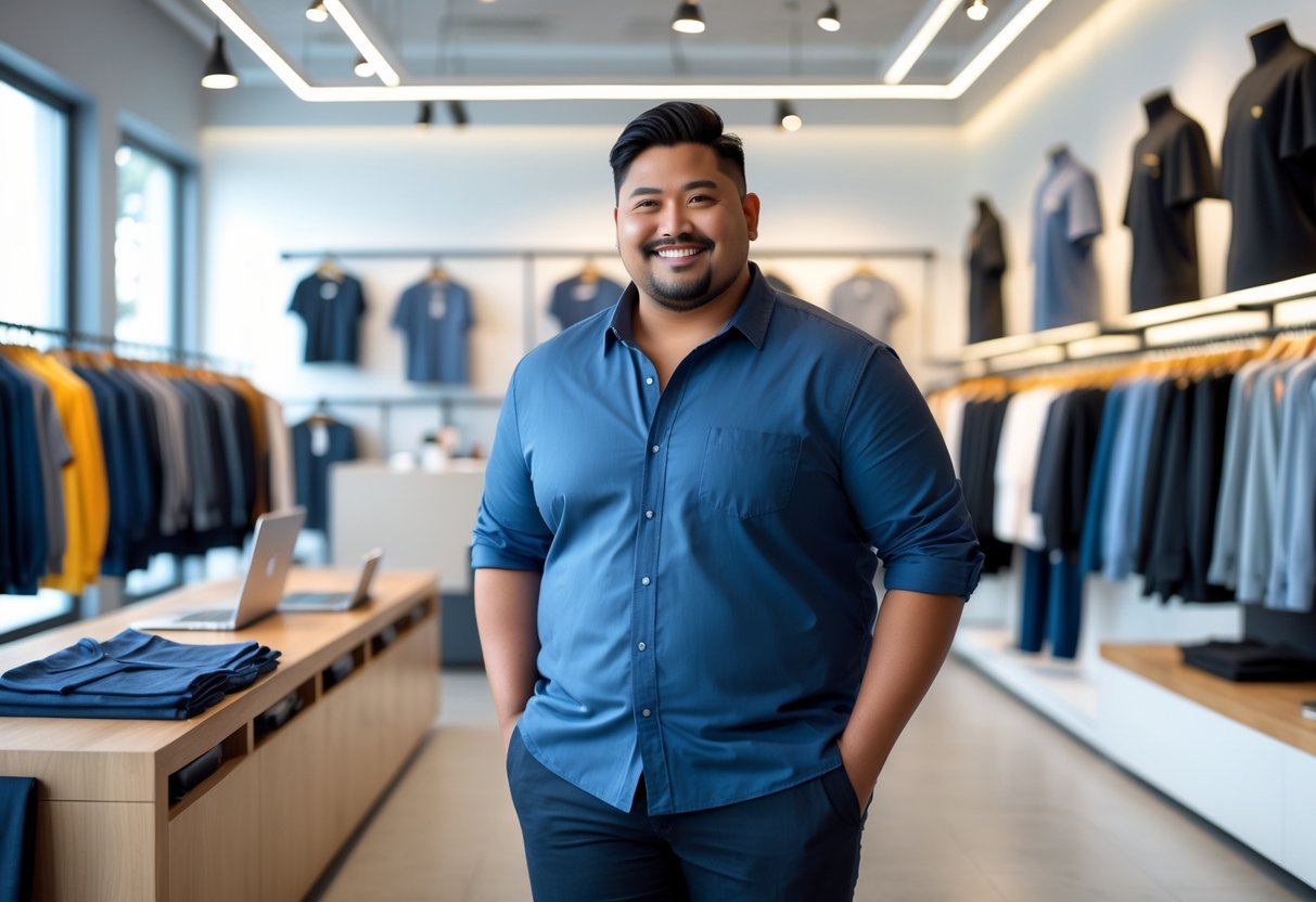 A confident plus-size man standing in a modern clothing store surrounded by plus-size men's clothing on racks and shelves.