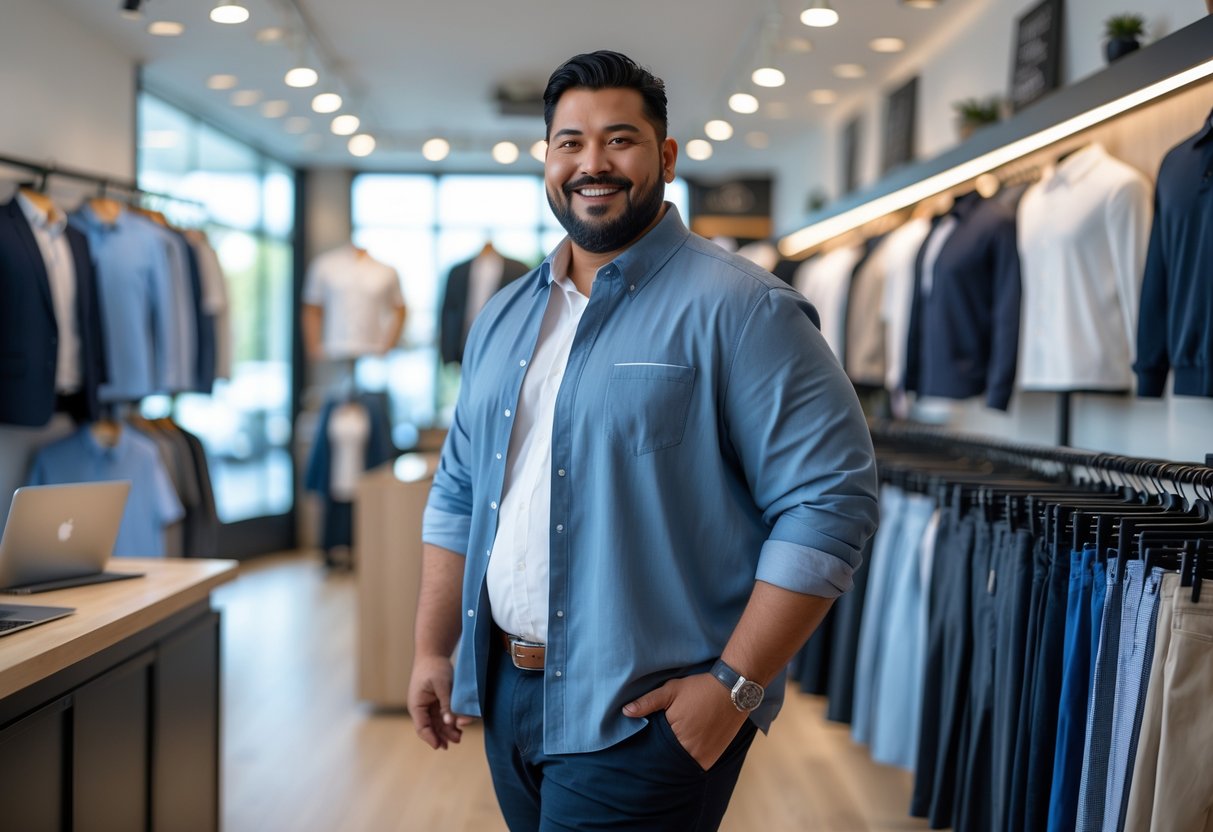 A confident plus-size man standing in a modern clothing store surrounded by racks of plus-size men's clothes.