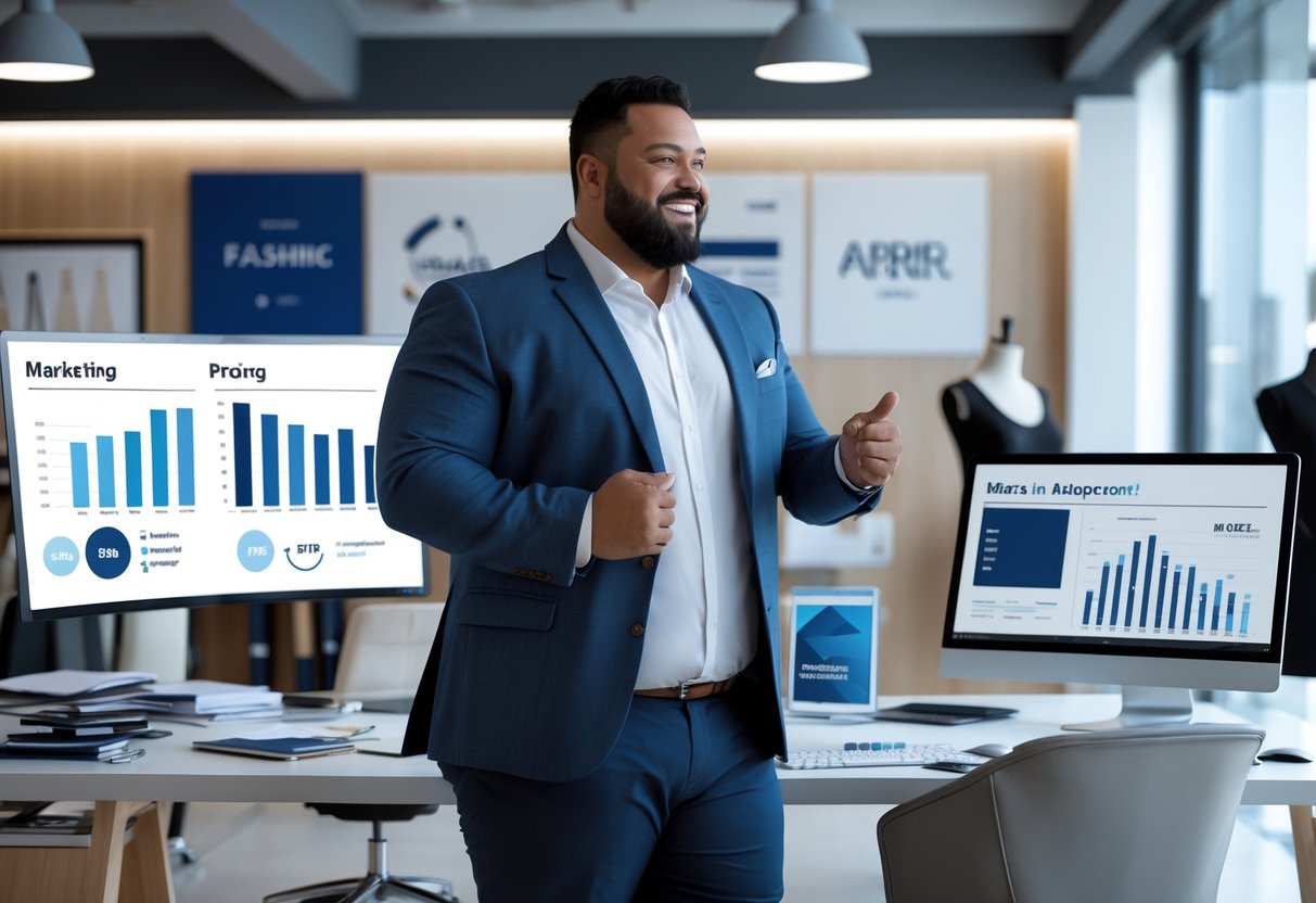 A confident plus-size man in a modern office surrounded by marketing materials and clothing items, working on brand growth.