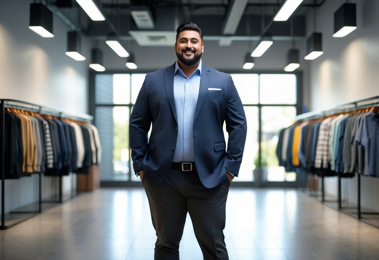A confident plus-size man standing in a modern clothing store with racks of men's plus-size clothes in the background.