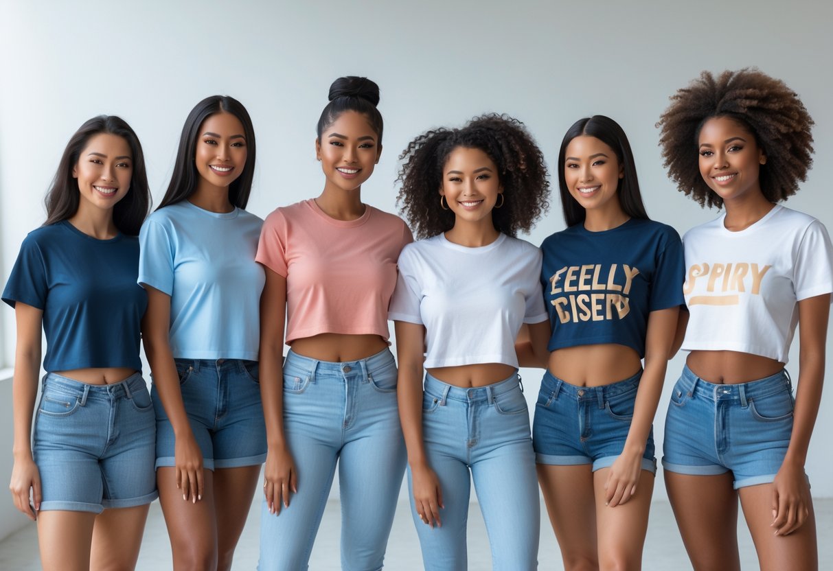 A group of diverse women wearing different styles of t-shirts standing together in a bright studio.