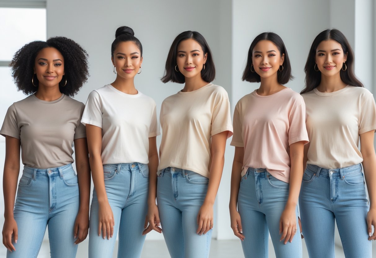 A group of women standing together wearing different styles of t-shirts in a bright studio.