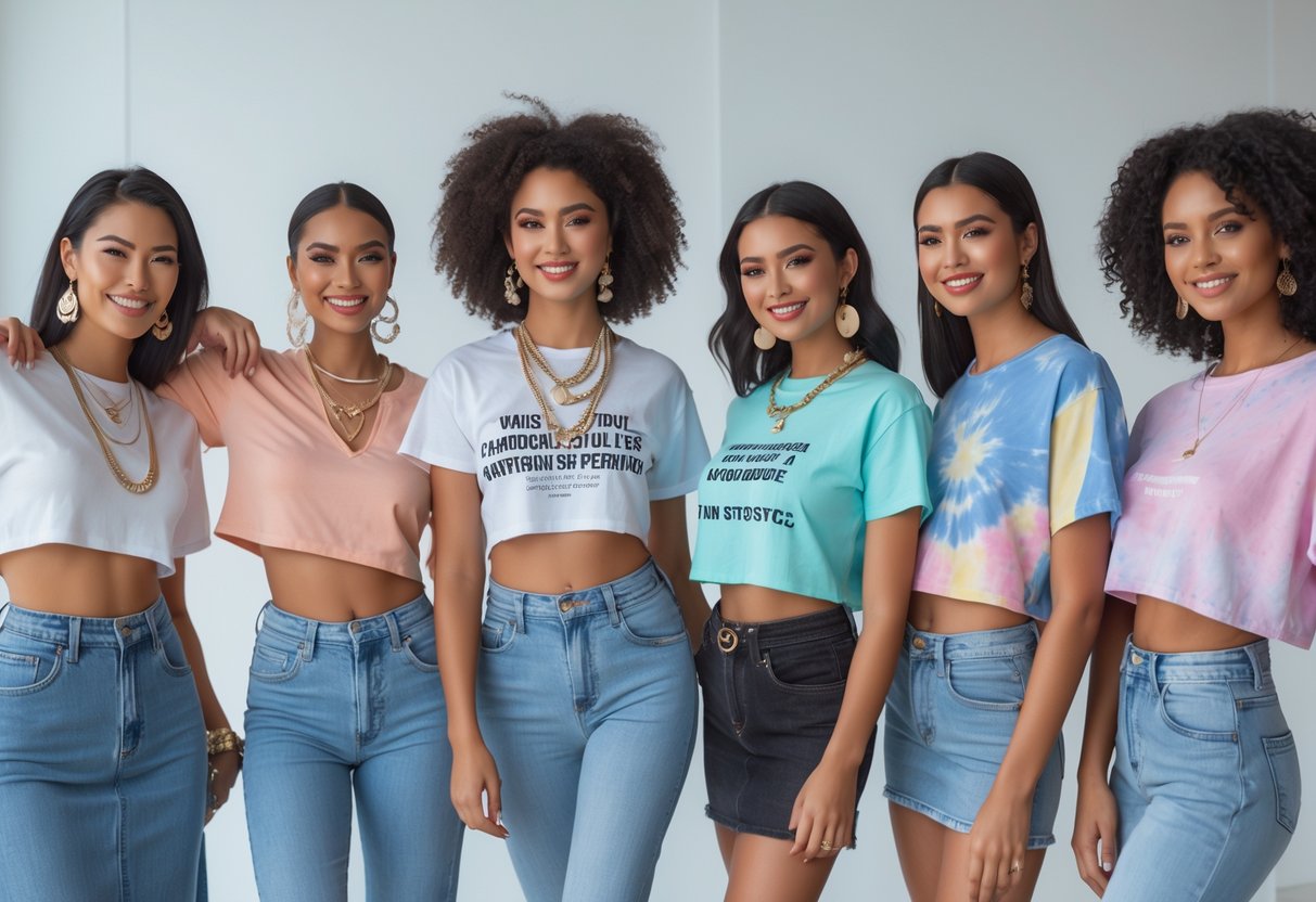 A group of women wearing different styles of t-shirts posing together in a bright studio.