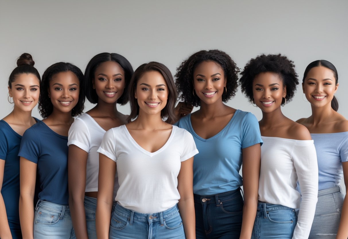 A group of diverse women wearing different styles of t-shirts with various necklines, standing together and smiling.