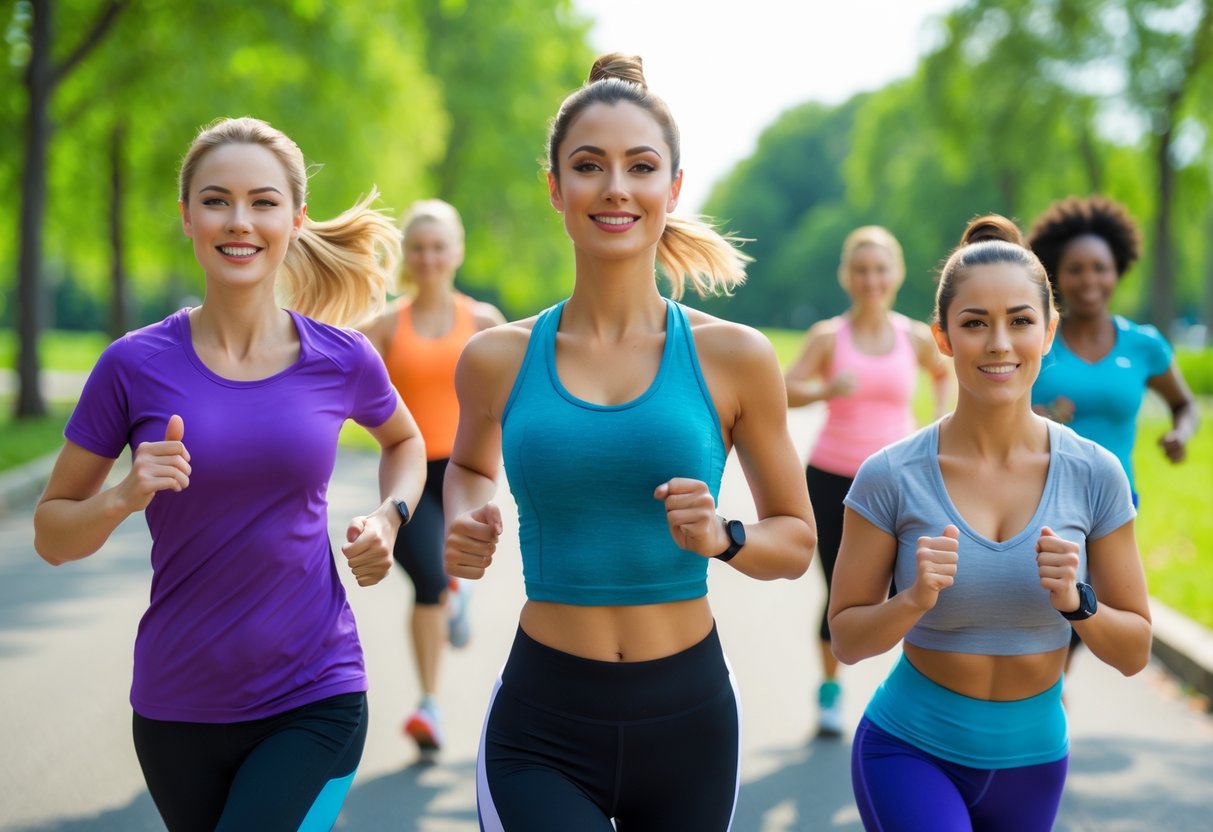 A group of women wearing different types of t-shirts while exercising outdoors in a sunny park.