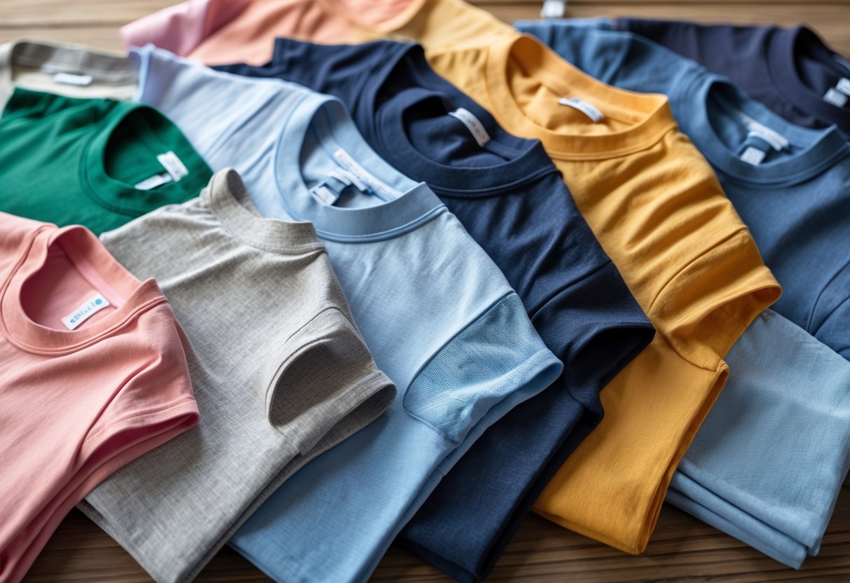 A collection of different styles and colors of women's t-shirts neatly arranged on a wooden surface.