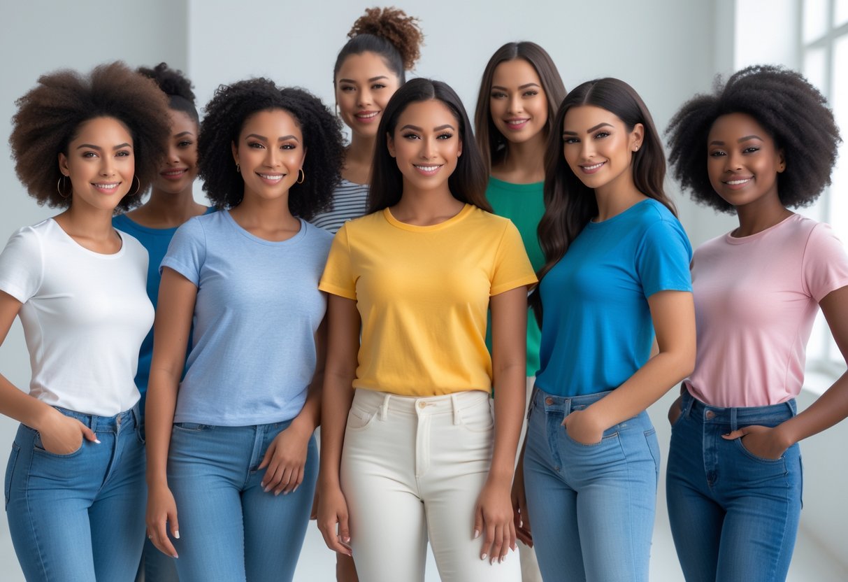 A group of women wearing different types of comfortable t-shirts standing together in a bright studio.