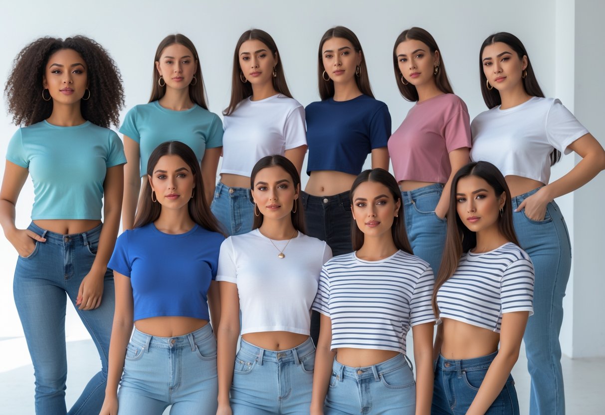 A group of women wearing different styles of t-shirts posing together in a studio.