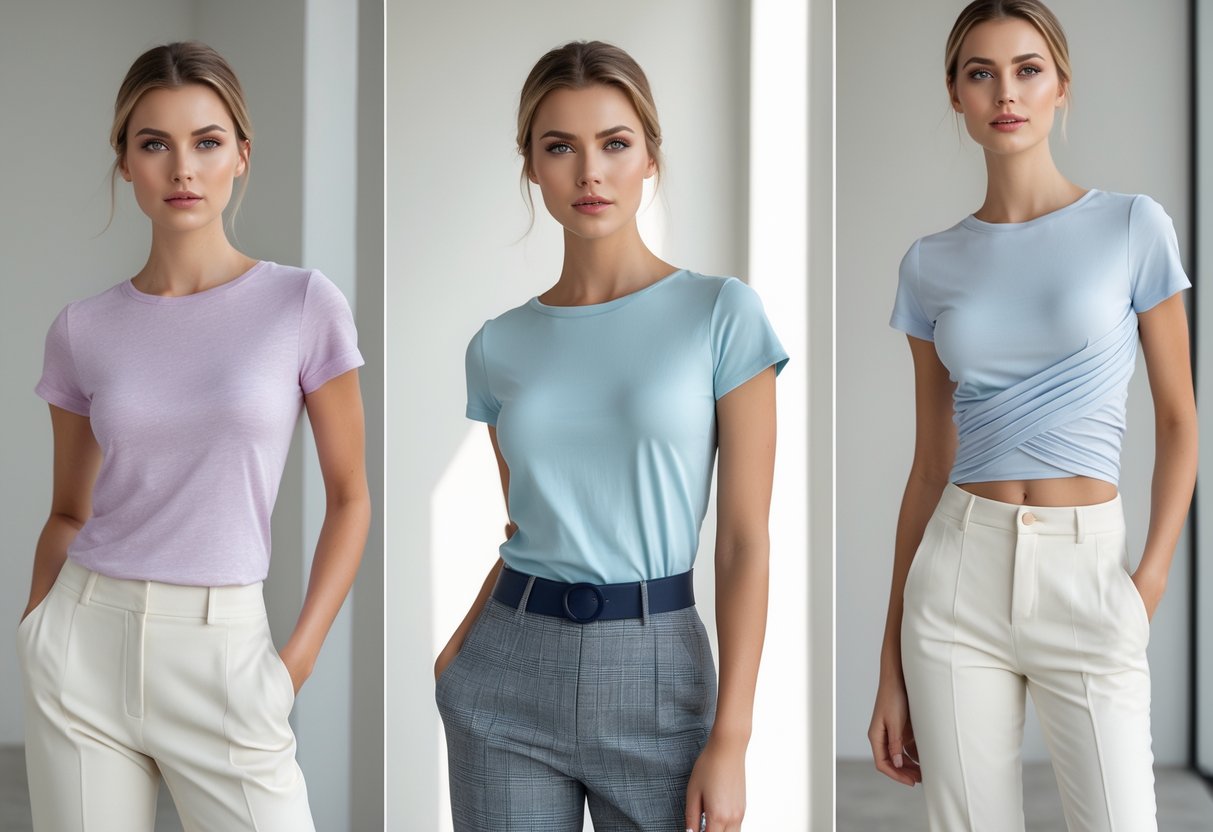A woman modeling various styles of women's t-shirts in a bright studio setting.