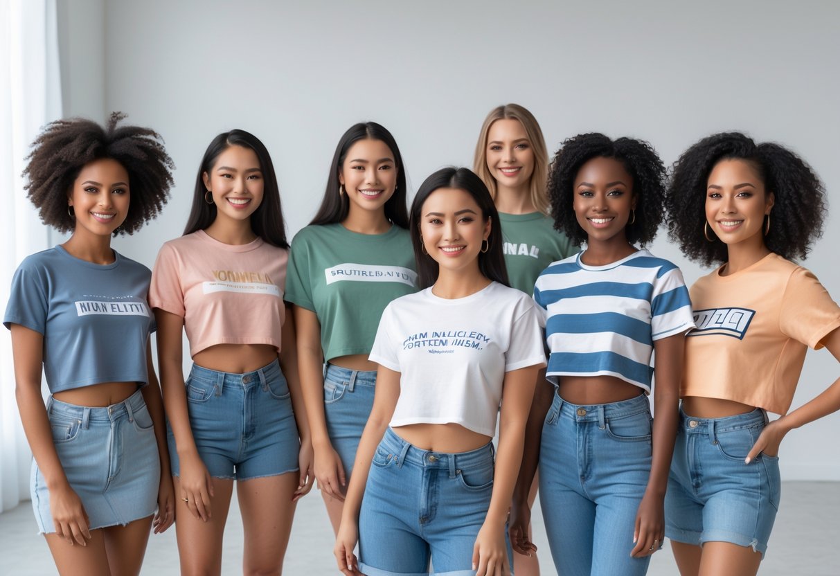 A group of women wearing different styles of T-shirts posing together in a bright studio.