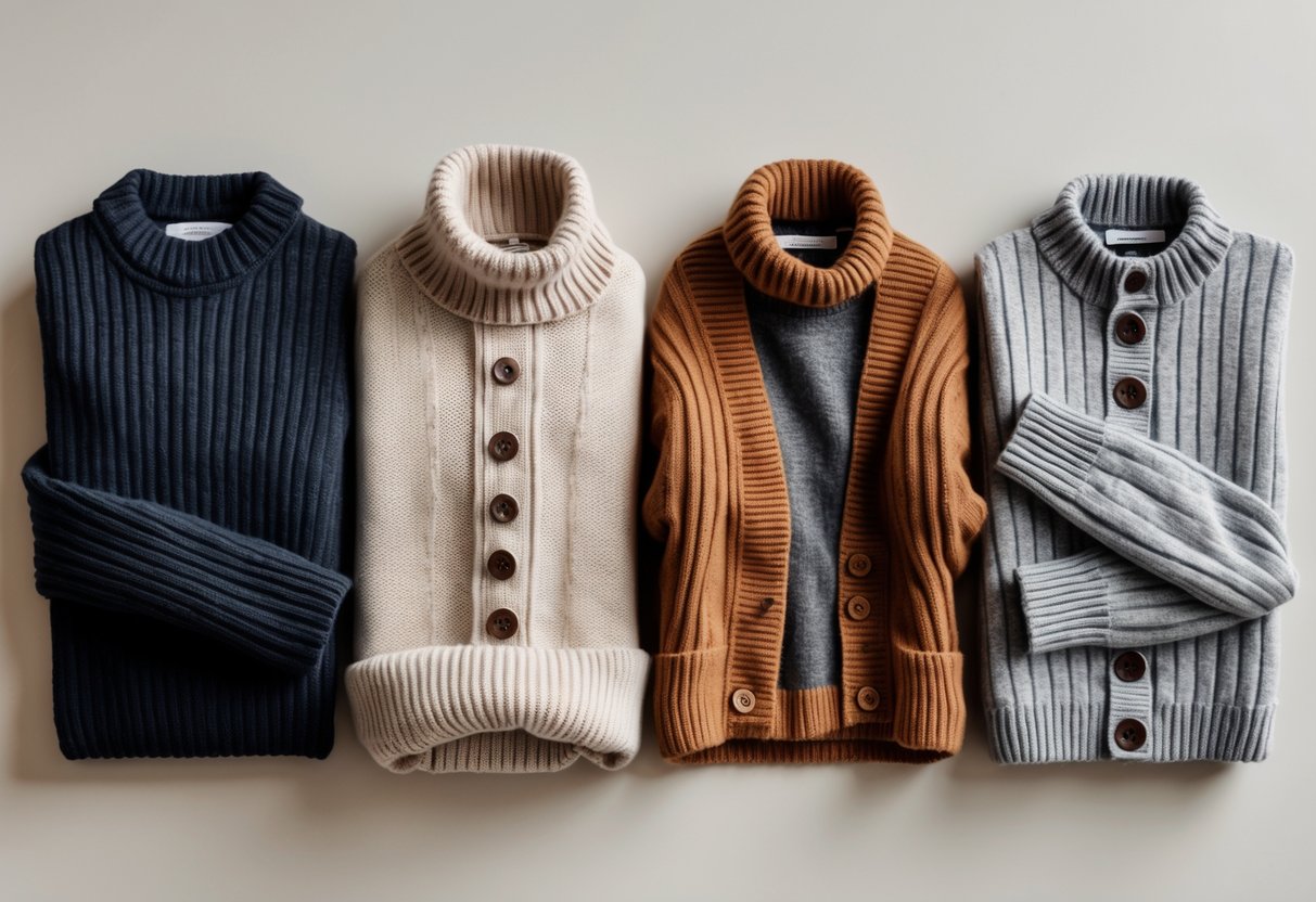 Four different types of sweaters arranged side by side on a plain background.