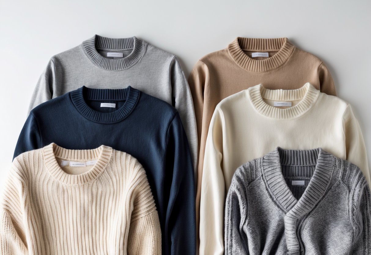 Four different types of sweaters including crewneck, V-neck, turtleneck, and cardigan displayed on a white background.