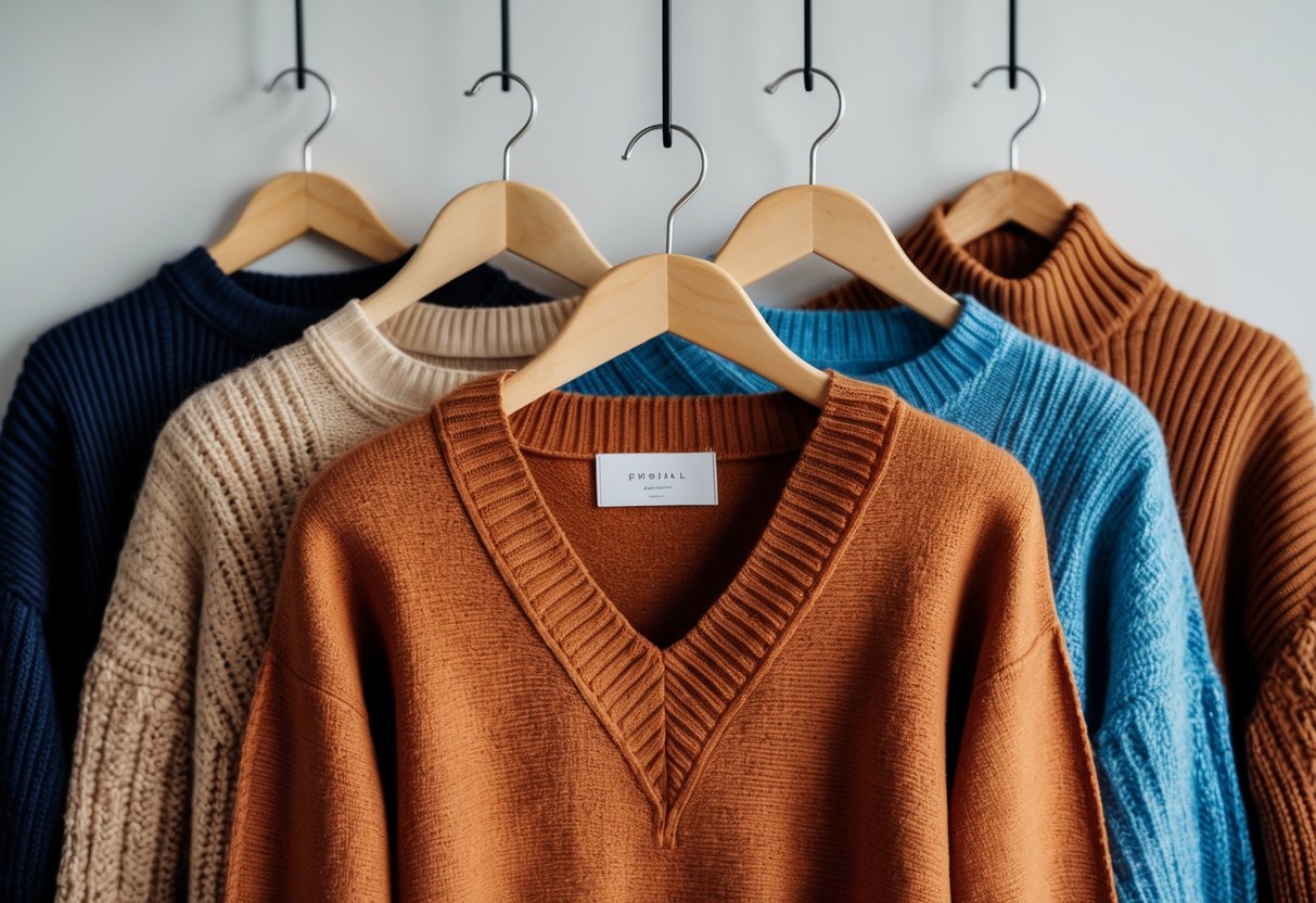 Four different sweaters hanging on wooden hangers against a plain background, with a V-neck sweater in the center.