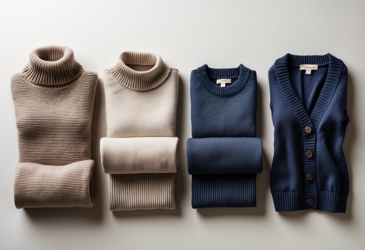 Four different sweaters displayed on a neutral background, including a turtleneck, crewneck, V-neck, and cardigan.