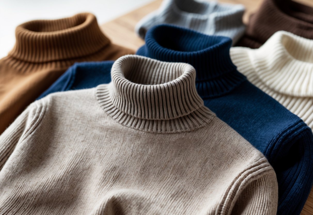 Four different sweaters arranged on a wooden surface, including a mock neck sweater in the center.