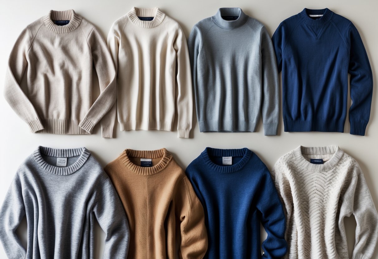 Four different types of sweaters, including cardigans, displayed neatly on a plain background.