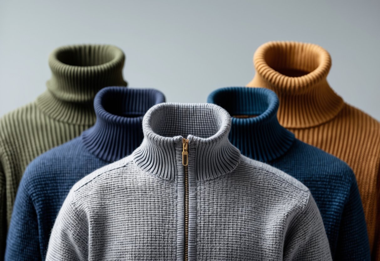 Four different sweaters arranged on a neutral background, including a zip-up sweater, crewneck, turtleneck, and cardigan.