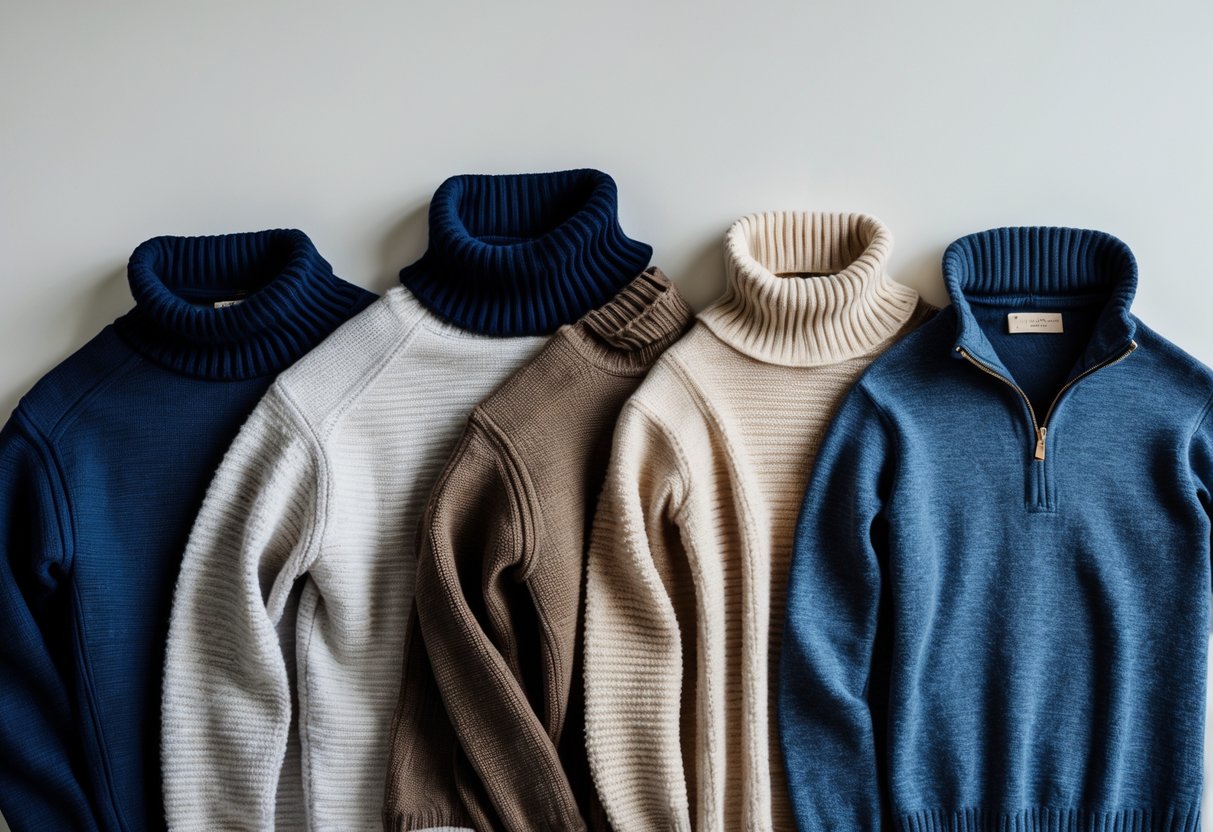 Four different pullover sweaters displayed on a neutral background.