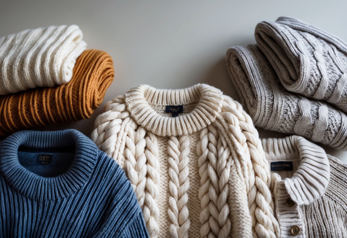 Four different sweaters displayed together, including a chunky knit sweater and three other styles, arranged neatly on a neutral background.