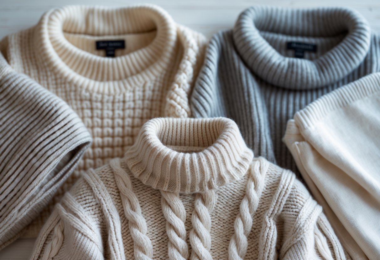 Four different sweaters arranged on a wooden surface, featuring a cable knit sweater in the center surrounded by three other sweater styles.