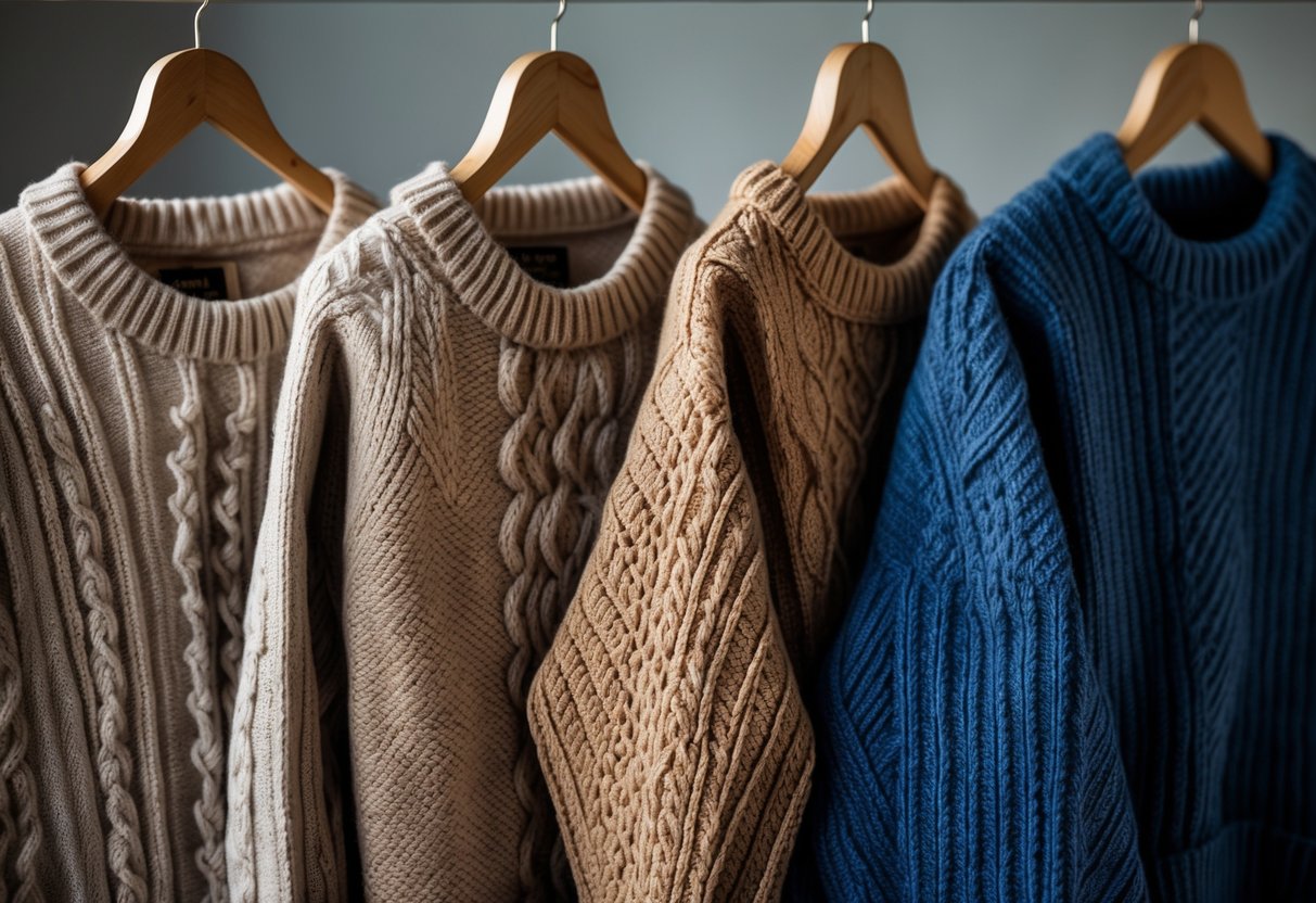 Four different traditional fisherman sweaters hanging side by side on wooden hangers against a plain background.