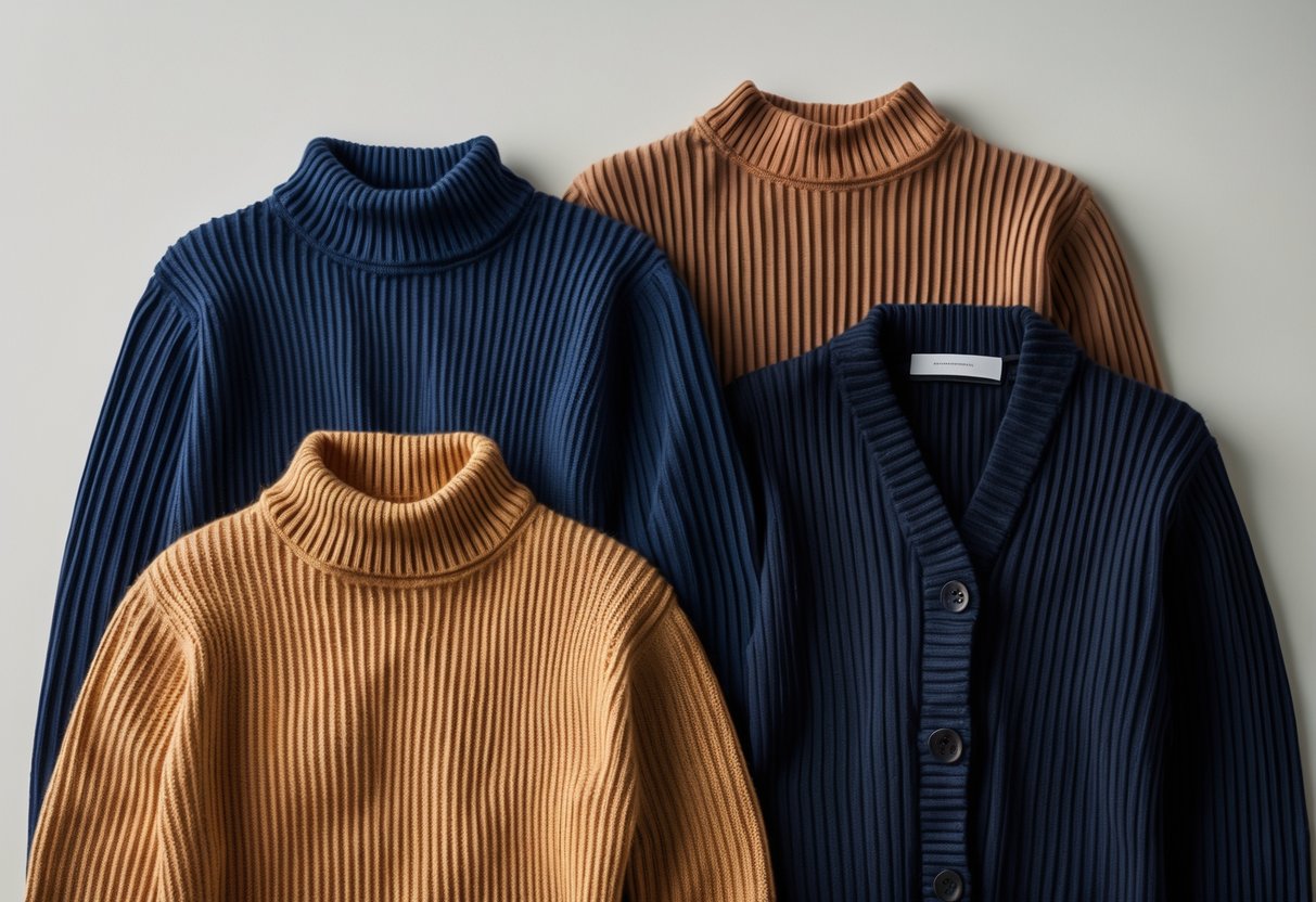 Four ribbed sweaters in different styles and colors arranged on a plain background.