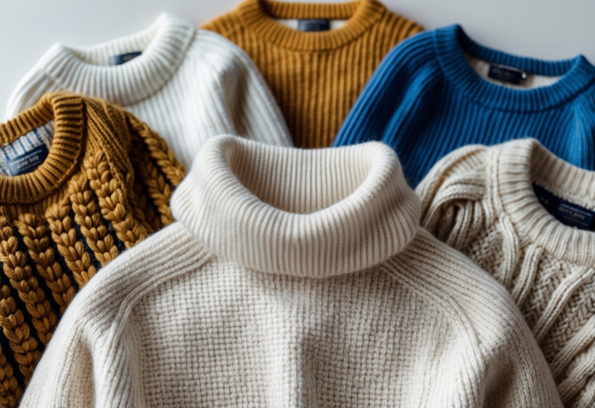 Four different sweaters arranged on a neutral background, featuring a cashmere sweater in the center along with three other sweater styles.